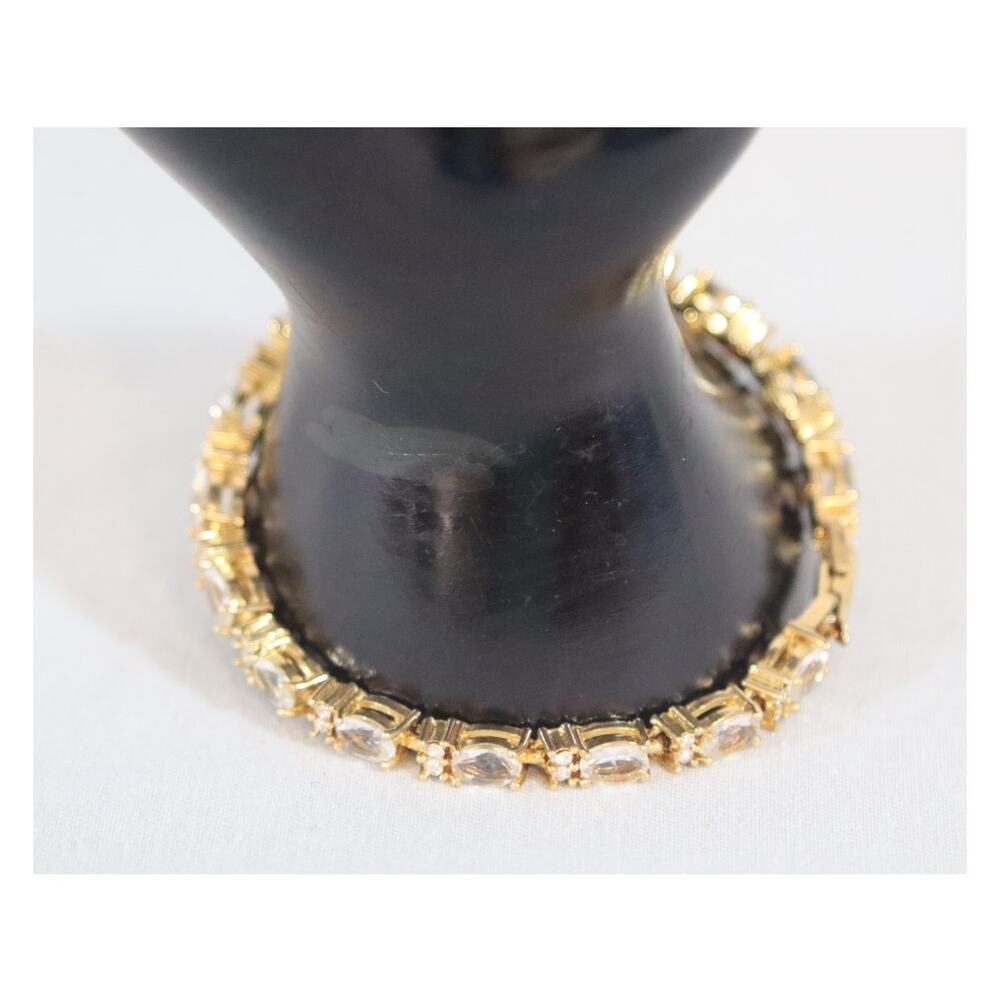 💎Tennis Bracelet Gold Tone Metal Encasing String Of Clear Rhinestones Box Clasp
